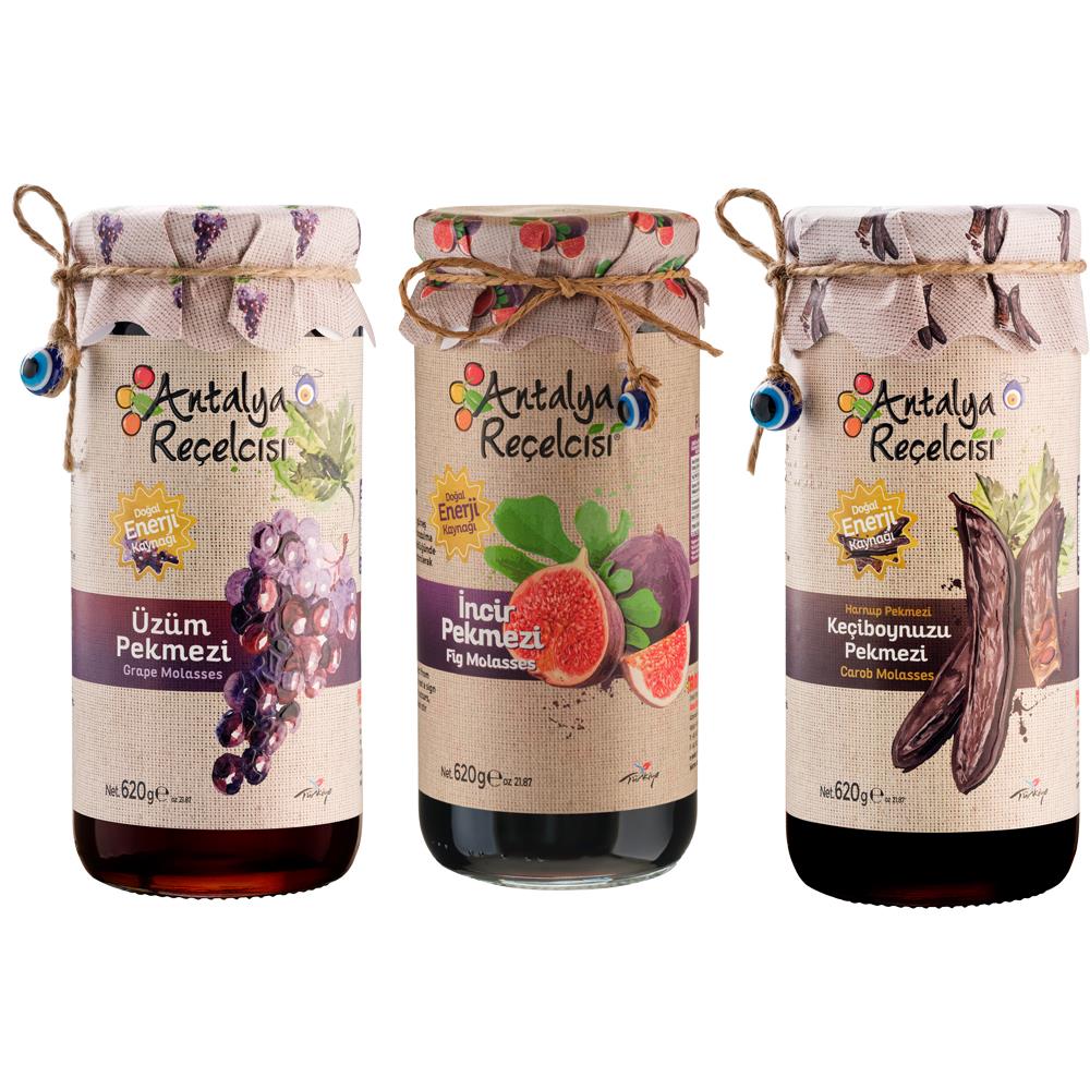 Antalya Reçelcisi Pekmez Seti(3 Çeşit) / Üzüm Pekmezi - İncir Pekmezi - Harnup Pekmezi 620G