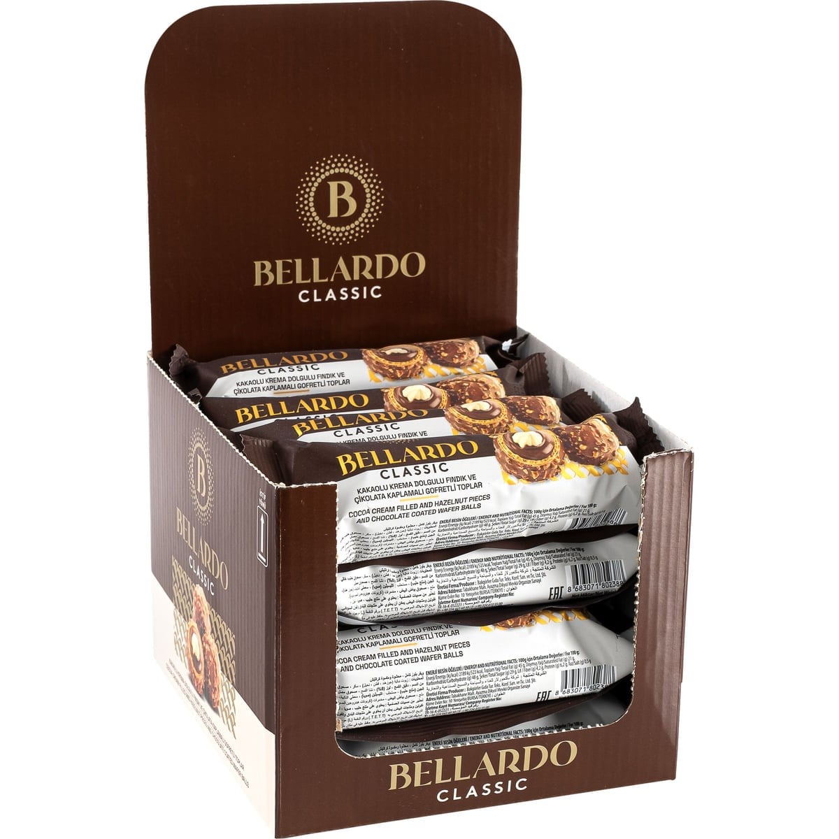 Bellardo Classic Fındıklı Çikolatalı Gofret Topları 37,5 g x 16 Adet Display Kutu