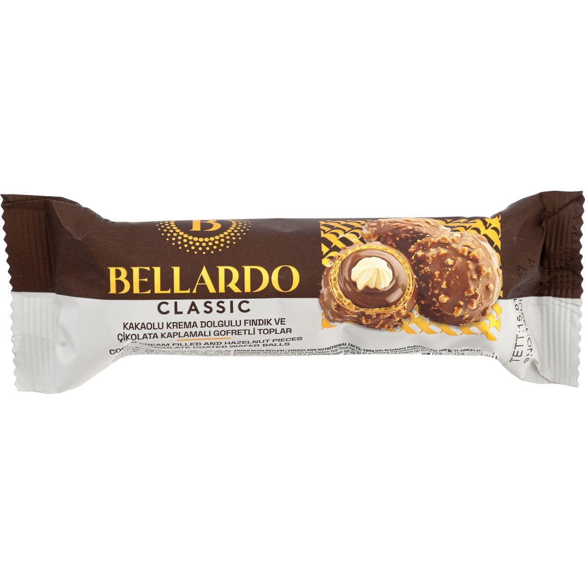 Bellardo Classic Kakaolu Krema Dolgulu, Fındıklı ve Çikolata Kaplamalı Gofret Topları (37,5 g)