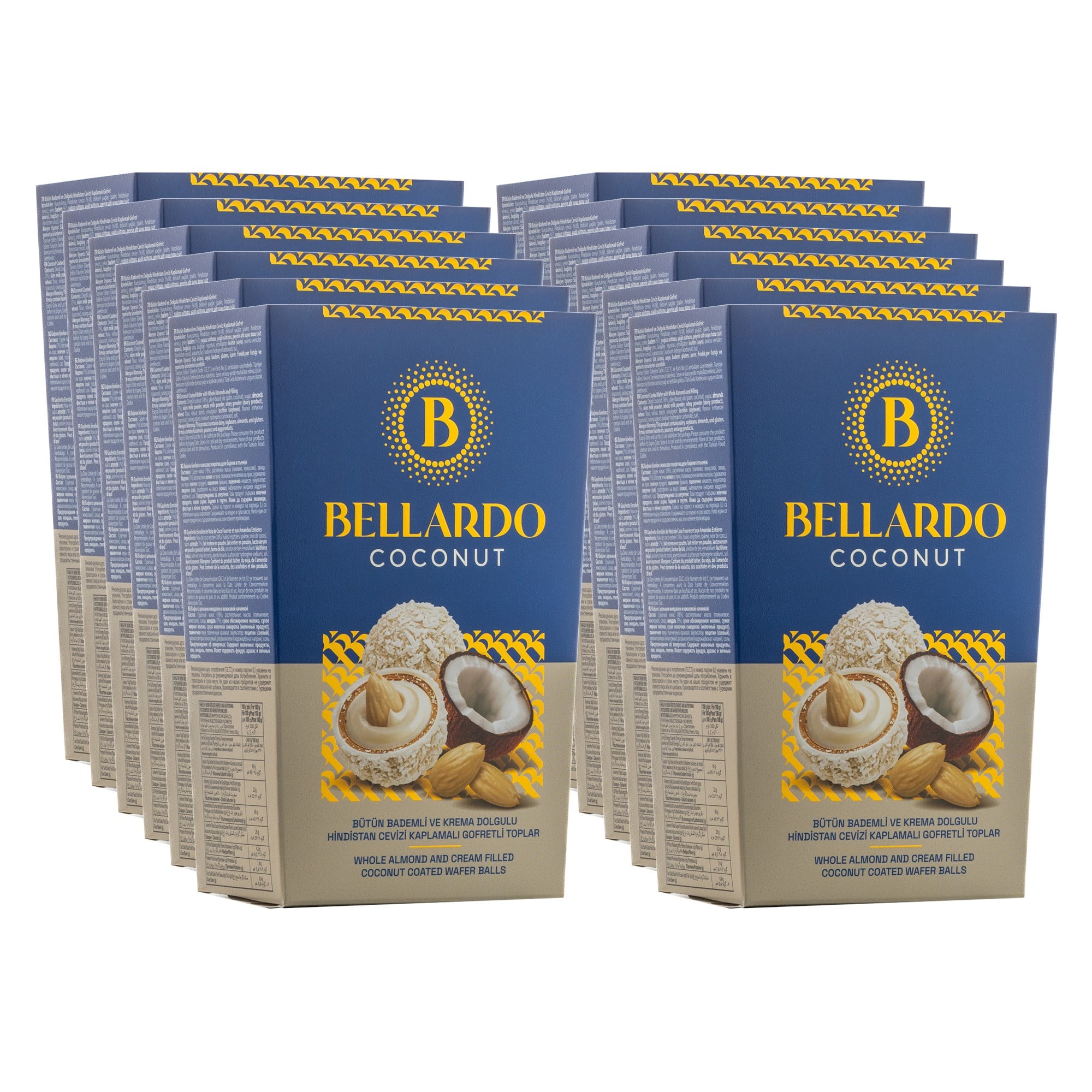 Bellardo Coconut Bütün Bademli ve Krema Dolgulu Gofret Topları 150 g x 12 Adet (Koli)