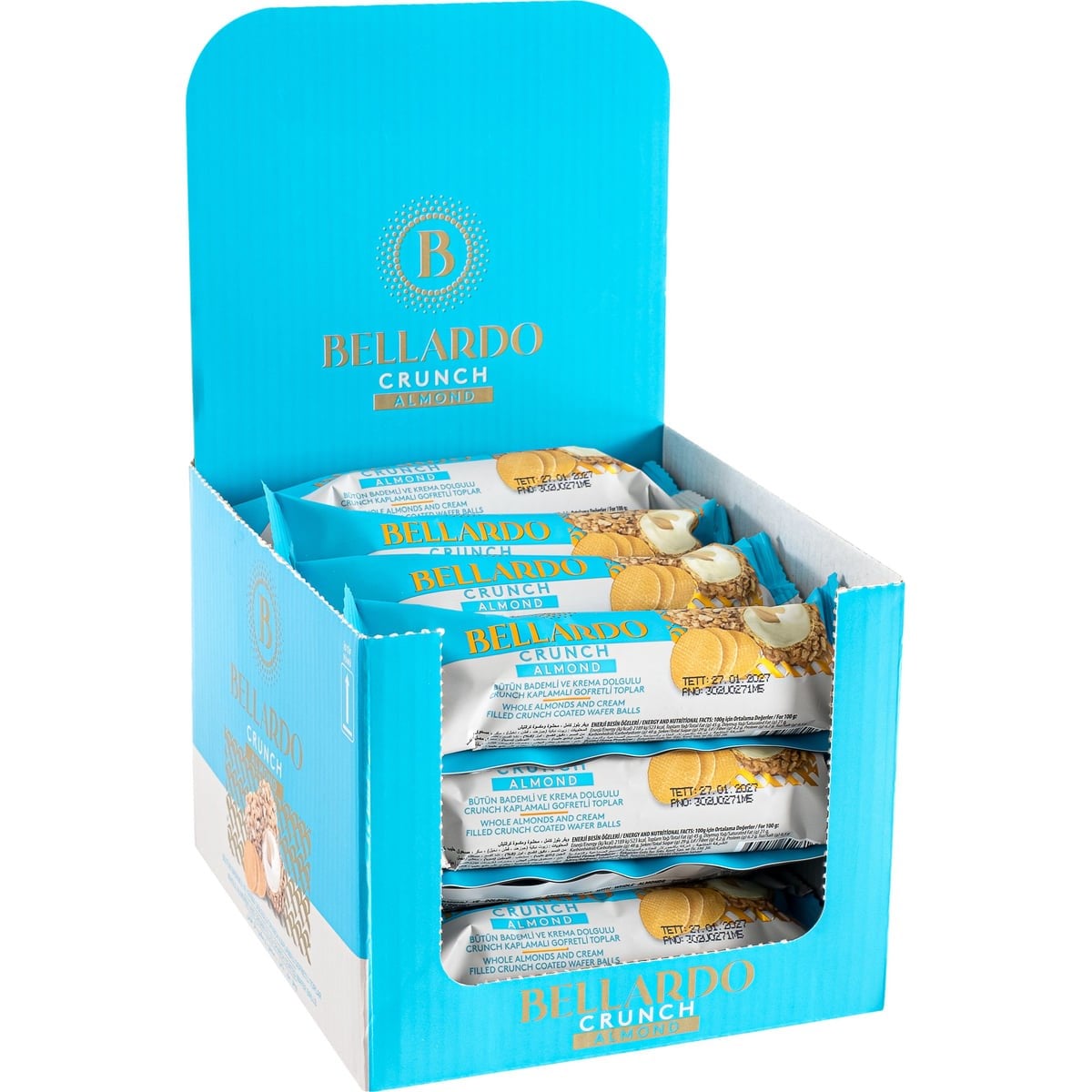 Bellardo Crunch Almond Bademli ve Krema Dolgulu Gofret Topları 30 g x 16 Adet (Display Kutu)