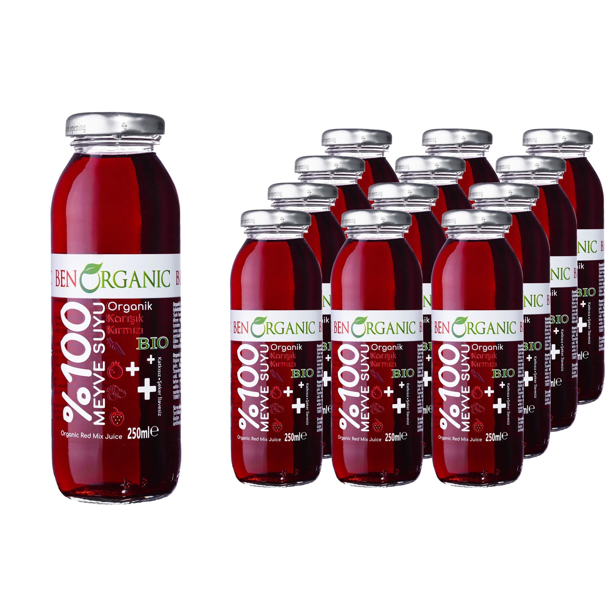 BENORGANIC Organik Karışık Kırmızı Meyve Suyu 250 ml x 12 Adet Cam Şişe