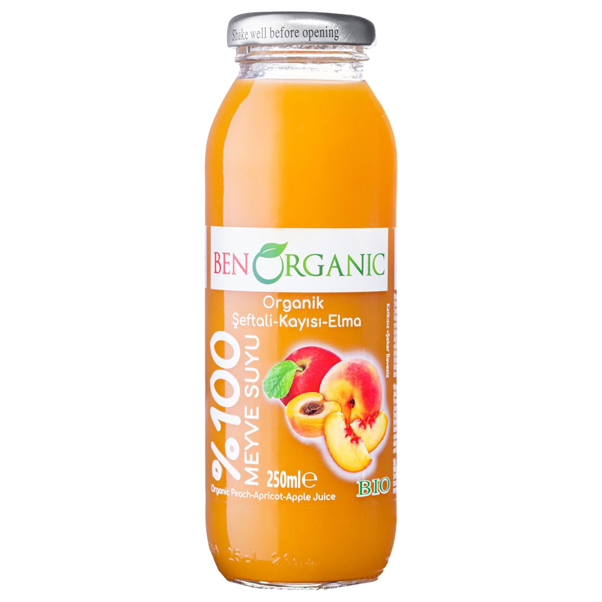 BENORGANIC Organik Kayısı Şeftali Elma Suyu 250 ml Cam Şişe