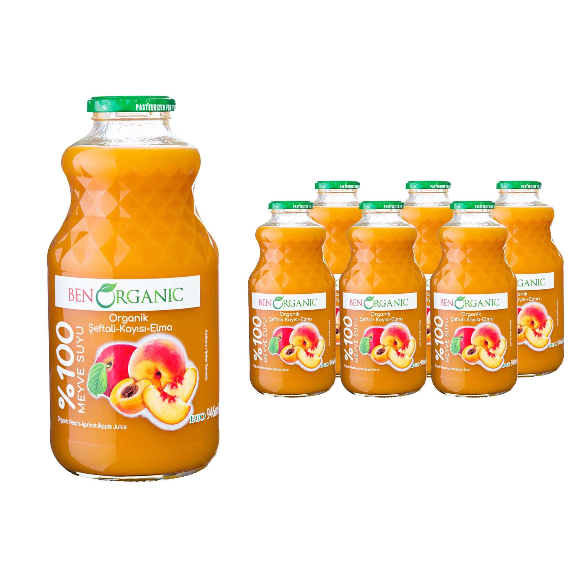 BENORGANIC Organik Şeftali Kayısı Elma Suyu 946 ml x 6 adet Cam Şişe