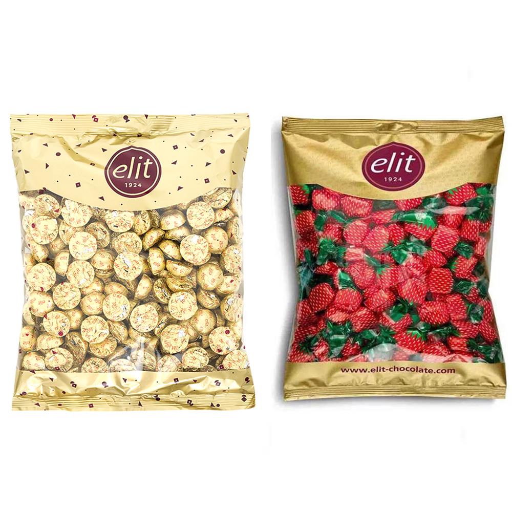Elit Altın Yaldızlı Sütlü Çikolatin ve Çilek Dolgulu Şeker 1 Kg Glutensiz