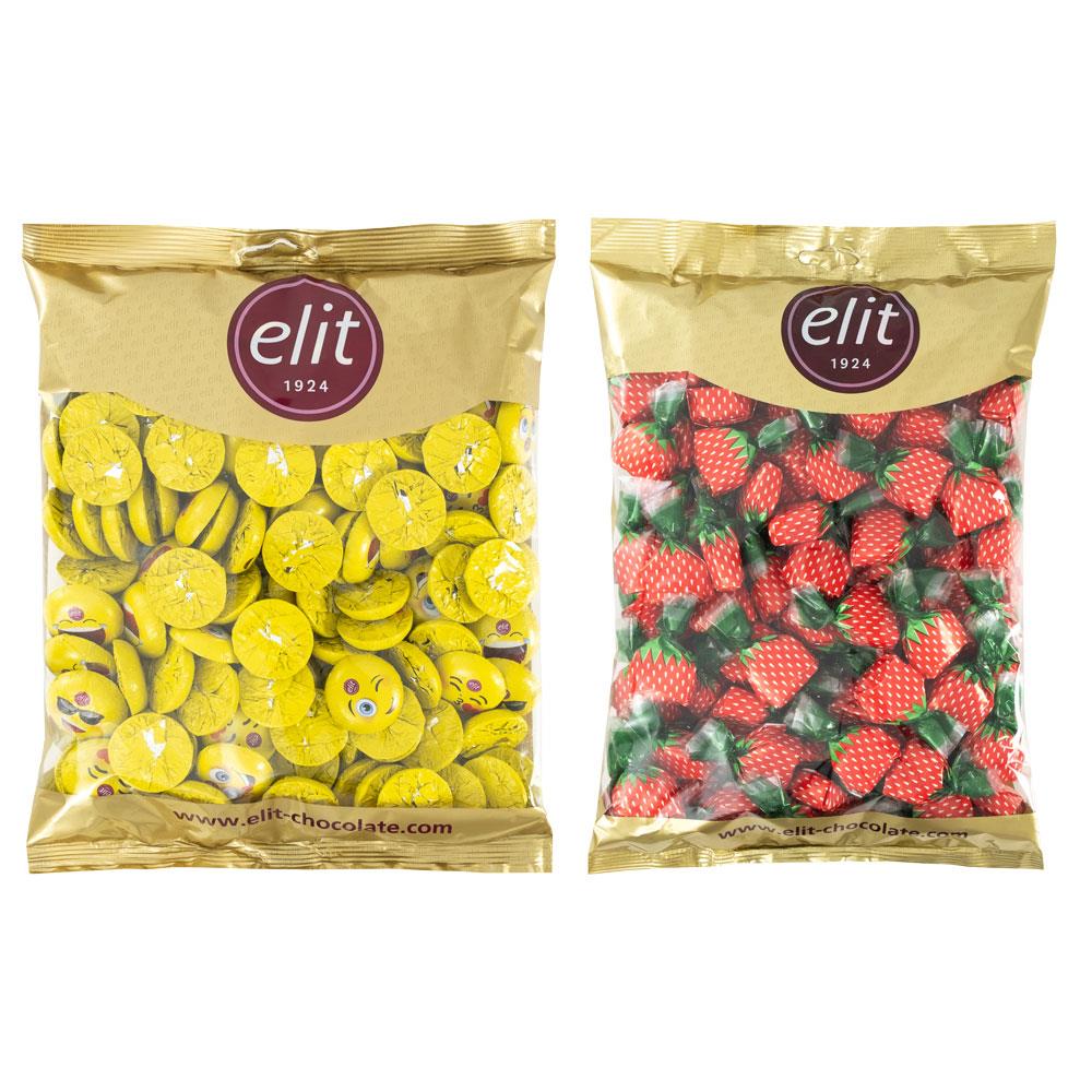 Elit Çikolata Mini Elitoloji Emoji Sütlü Çikolata ve Çilek Dolgulu Şeker 1kg Glutensiz
