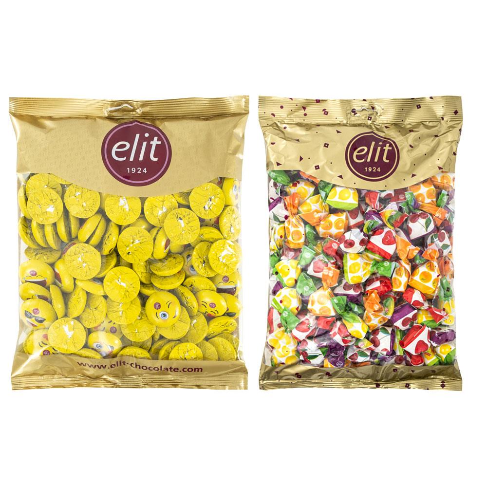 Elit Çikolata Mini Elitoloji Emoji Sütlü Çikolata ve Meyve Aromalı Karışık Dolgulu Şeker 1kg Glutensiz