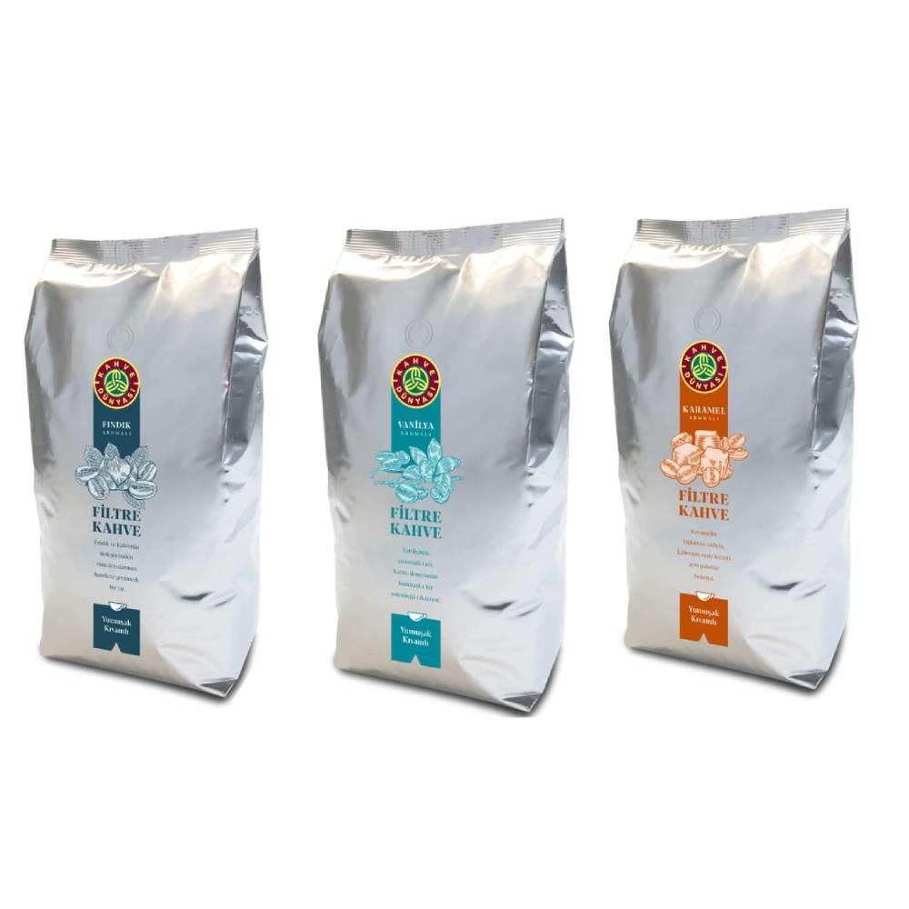 Kahve Dünyası Aromalı Filtre Kahve Çekirdek Deneme Seti ( 1Kg Fındık - 1 Kg Vanilya - 1Kg Karamel)