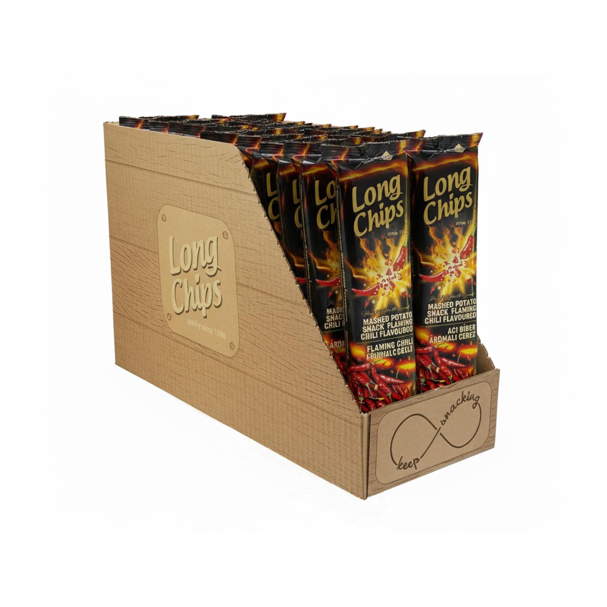 Long Chips Acı Biberli Cips | Uzun Cips | Az Yağlı | Letonya Ürünü | 75 g x 20 Adet