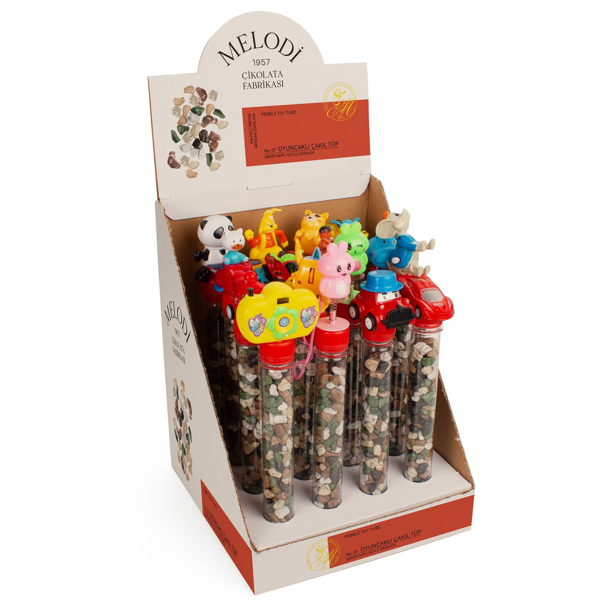 Melodi Oyuncaklı Çakıl Tüp | Renkli Şeker Kaplı Sütlü Çikolata | Hediye Etmek İçin İdeal | 85g x 16 Adet