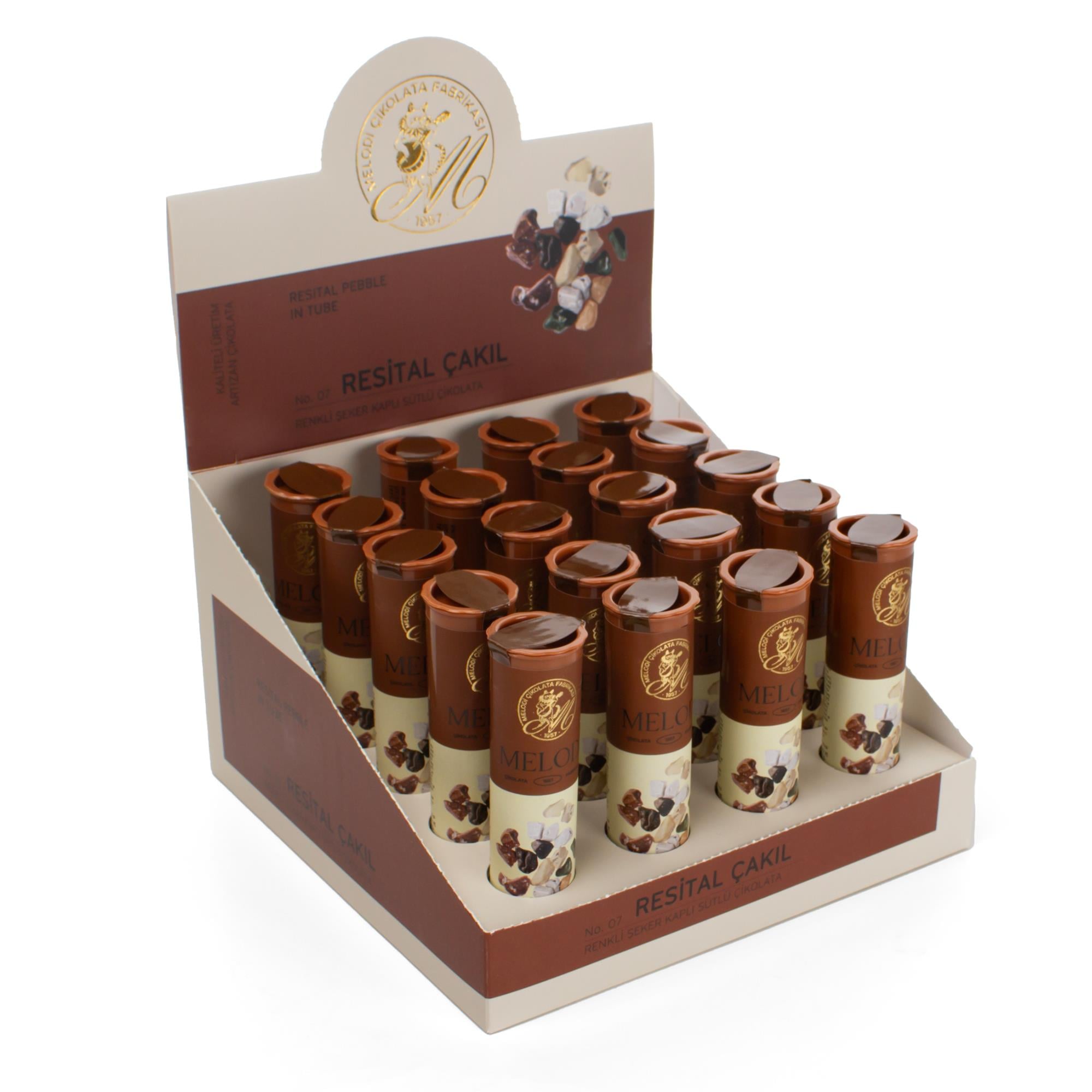 Melodi Resital Çakıl Tüp | Renkli Şeker Kaplı Sütlü Çikolata 20g x 20 Adet