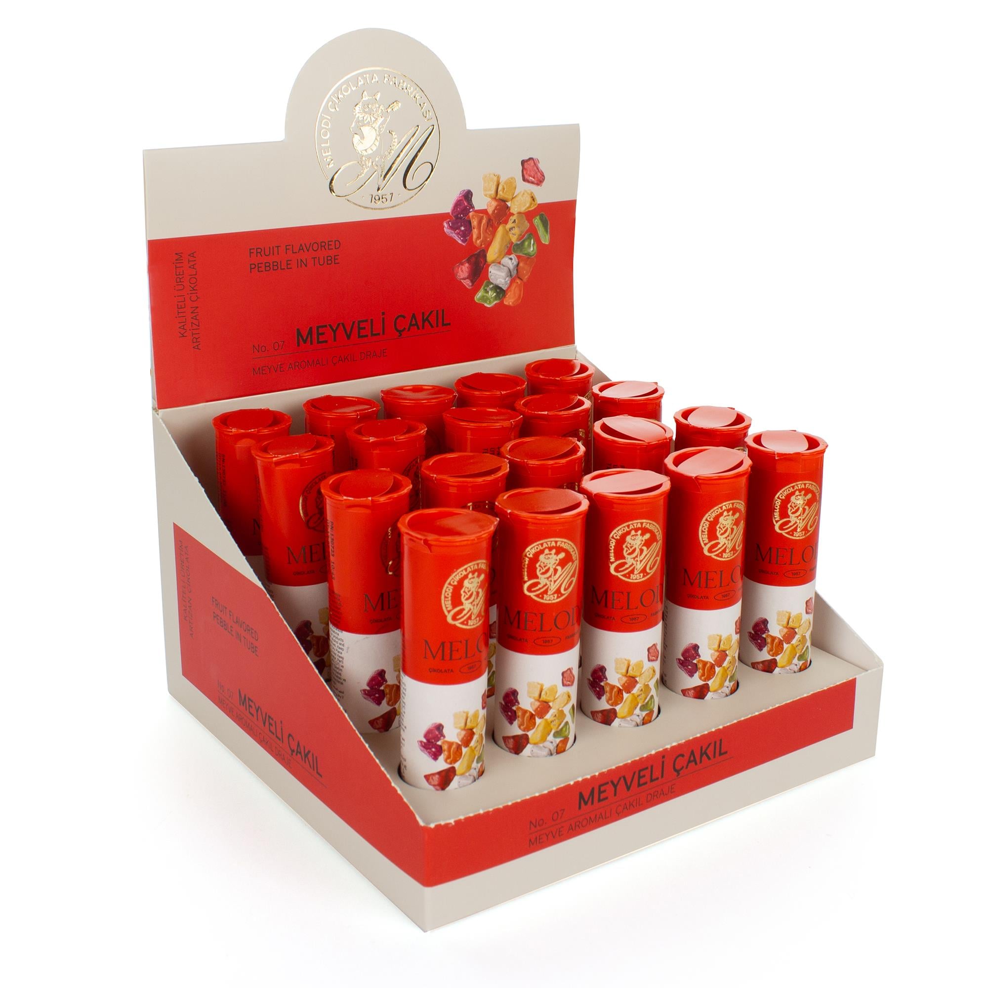 Melodi Resital Meyveli Çakıl Tüp | Renkli Şeker Kaplı Meyve Aromalı Draje 20g x 20 Adet