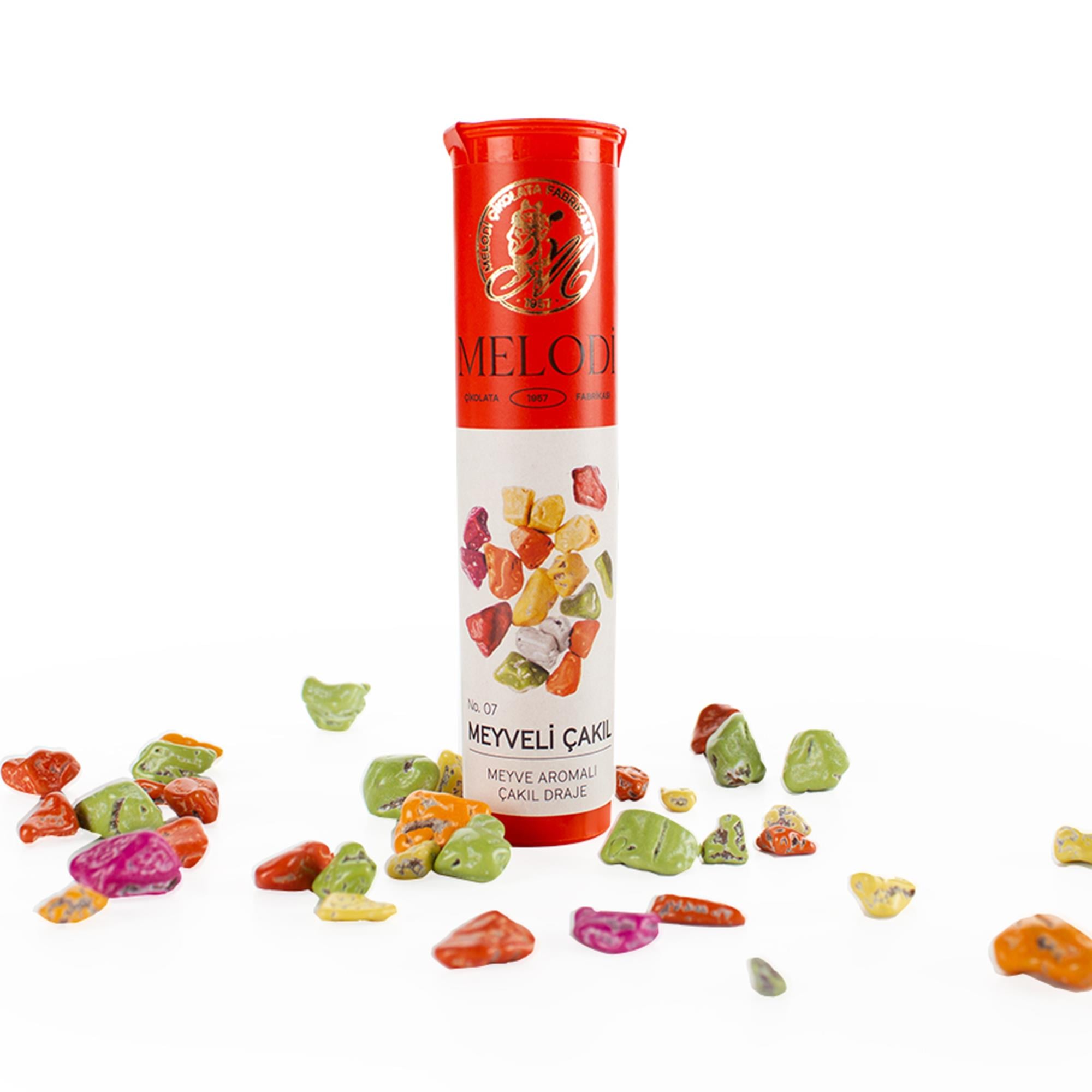 Melodi Resital Meyveli Çakıl Tüp | Renkli Şeker Kaplı Meyve Aromalı Draje 20g