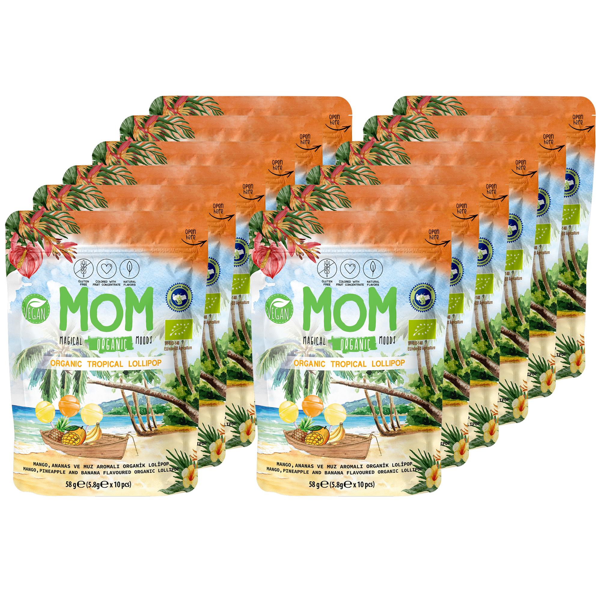 MOM Organik Tropikal Lolipop | Mango, Ananas, Muz Aromalı Lolipop | 58g x 12 Adet
