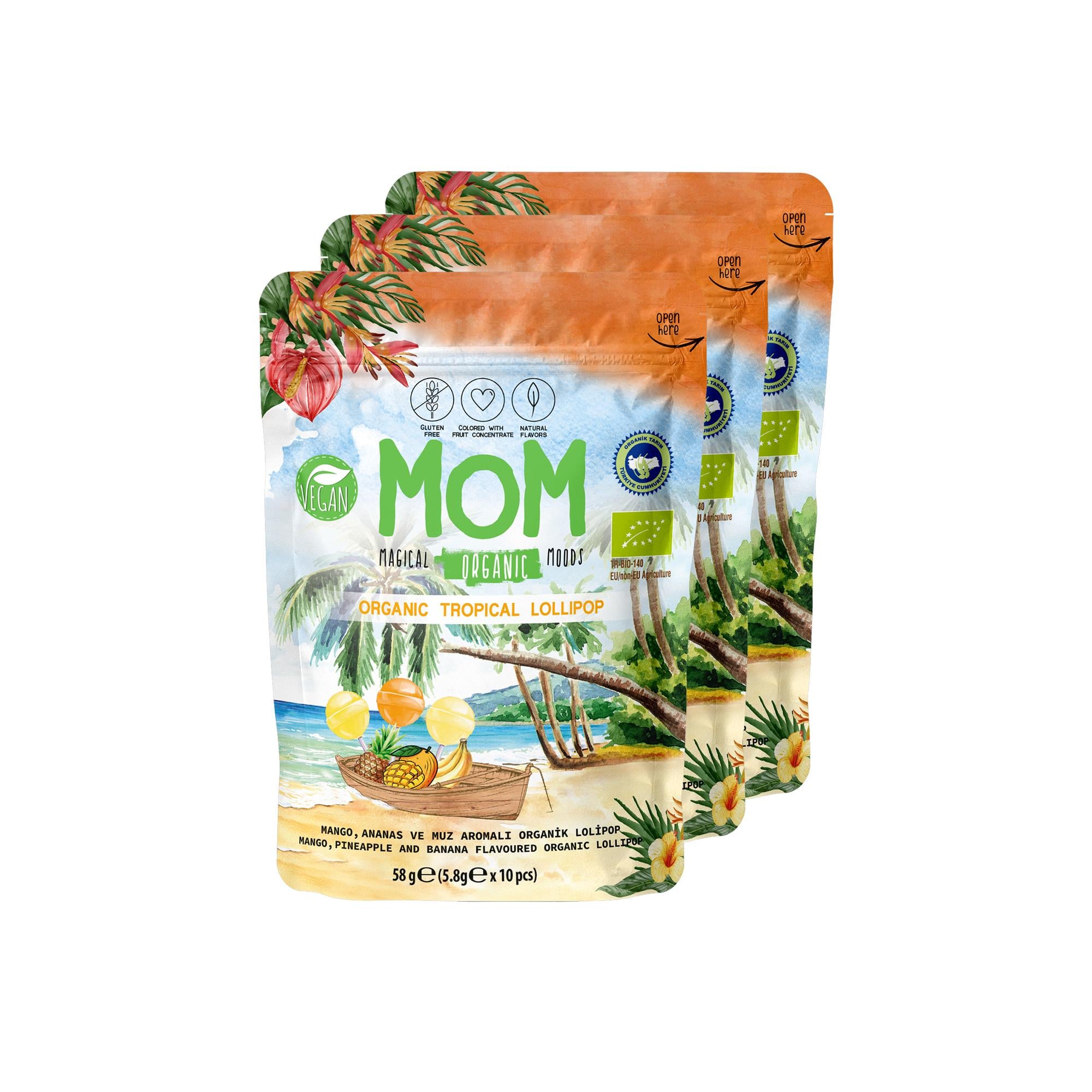 MOM Organik Tropikal Lolipop | Mango, Ananas, Muz Aromalı Lolipop | 58g x 3 Adet