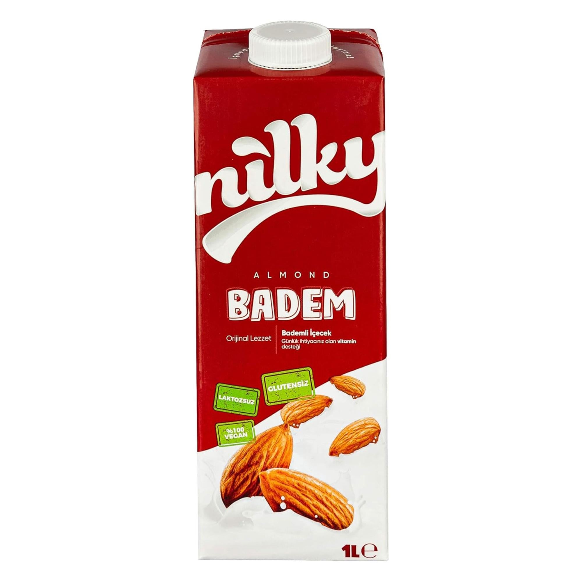 Nilky Badem Sütü | Bitkisel Bazlı İçecek | Laktozsuz | Vegan | Glutensiz | Koruyucu Yok | Süt Ürünleri İçermez | 1L